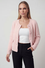 Dames roze gebreide cardigan met lange mouwen en ronde hals