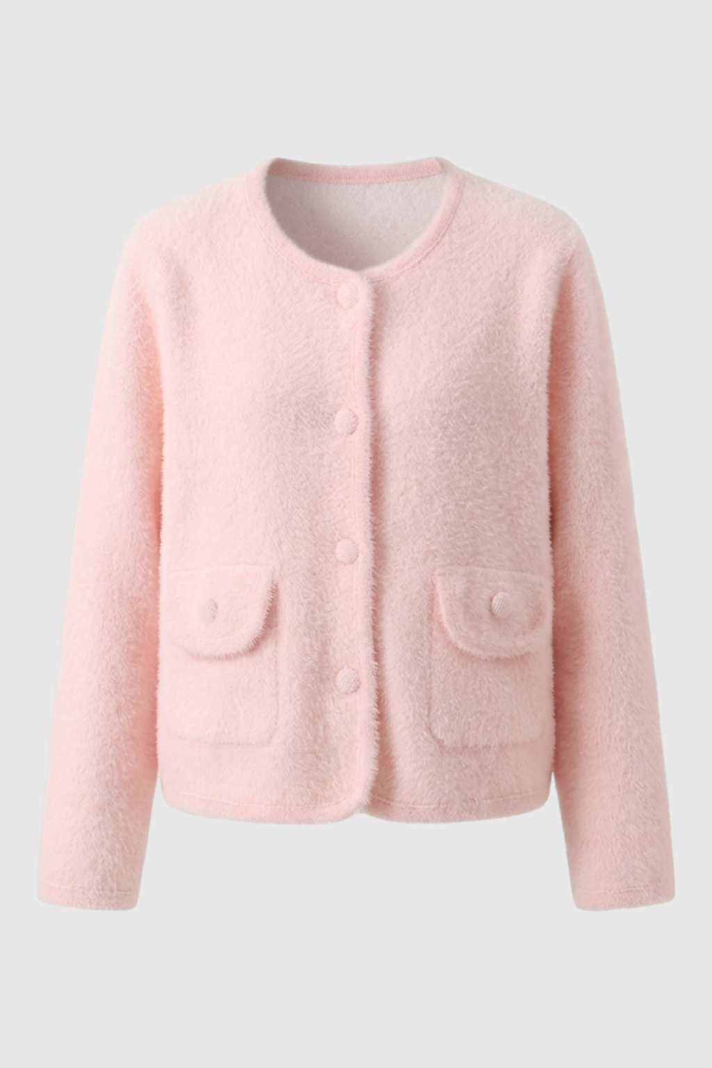 Cardigan : Women's Pink Knitted Long Sleeve Cardigan with O-Neck in Pink One Size van Vanda Liamo