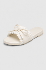 Ruffled Bow Satin Flat Mules – Couture Pleats & Romantic Bridal Chic