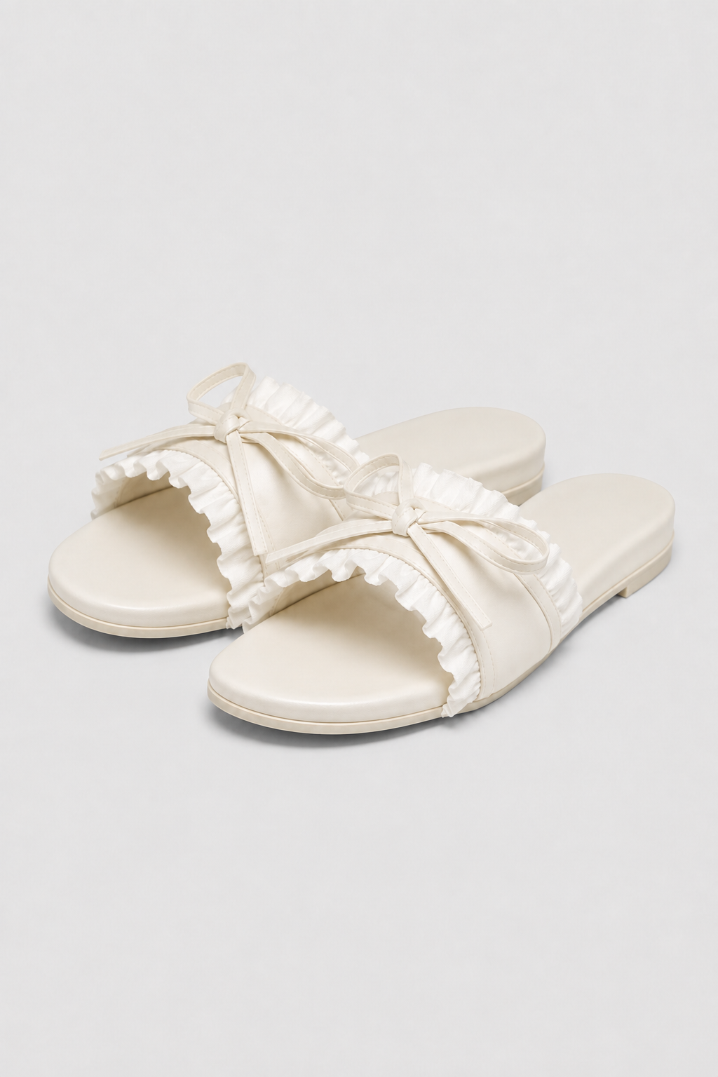 sandals : Ruffled Bow Satin Flat Mules – Couture Pleats & Romantic Bridal Chic in van Vandaliamo