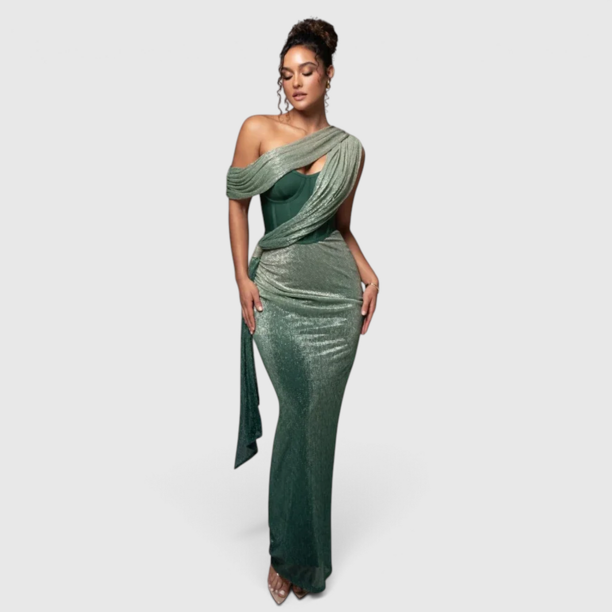 Fashion : Women's One-Shoulder Evening Dress with Metallic Finish in van Vanda Liamo