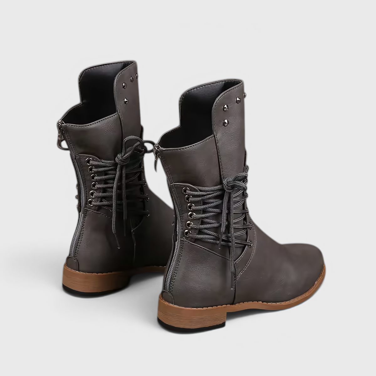 Fashion : Women's Lace-Up Boots with Block Heel and Western Details in Gray van Vanda Liamo
