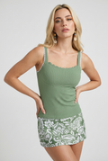 Sage Green Paisley Tankini Set – Comfort Fit Swim Skirt with Ruffle Trim