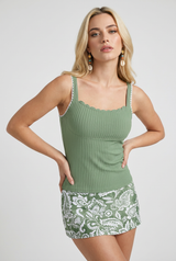 Sage Green Paisley Tankini Set – Comfort Fit Swim Skirt with Ruffle Trim