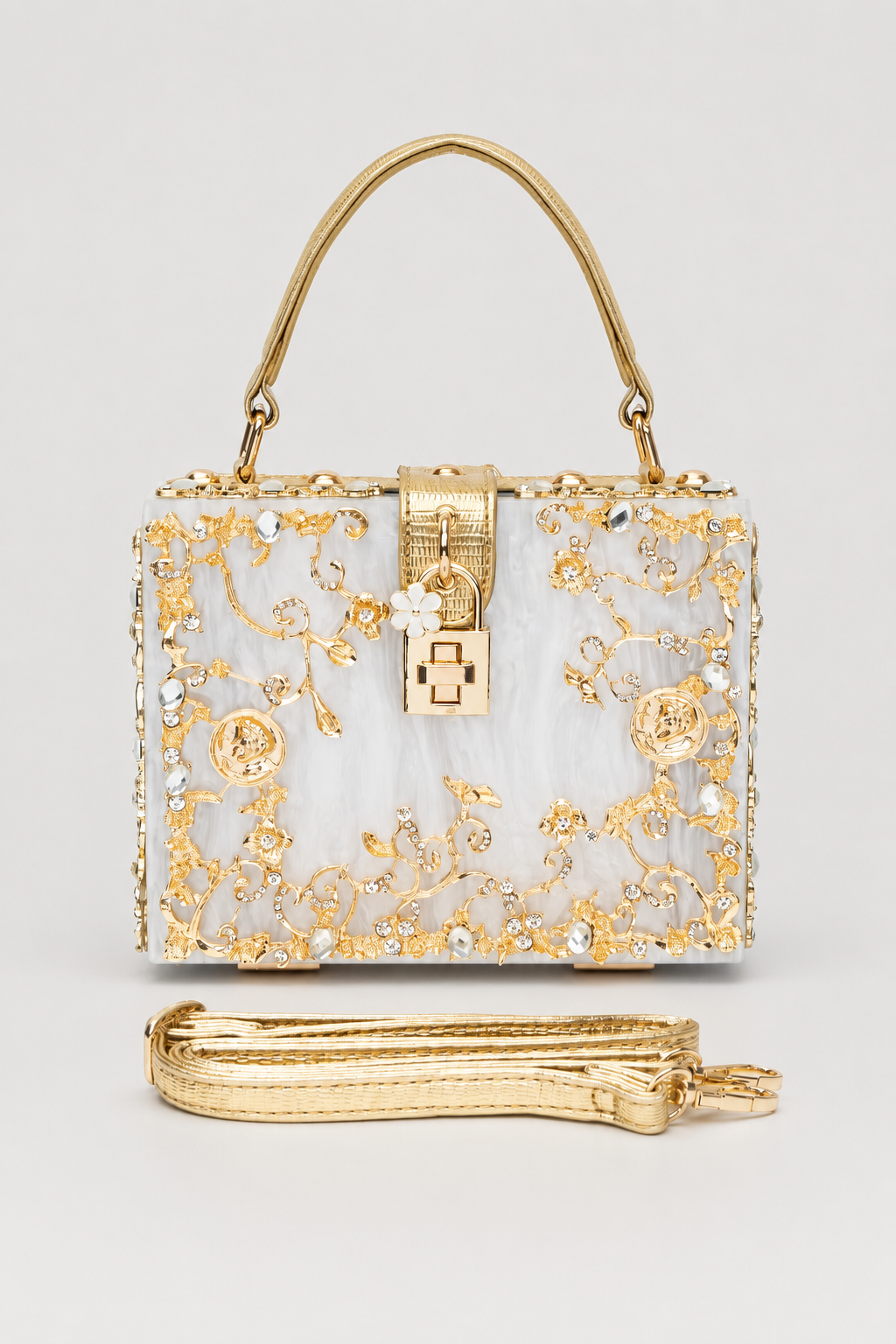 Sculptural Box Handbag – Intricate Filigree Overlay with Padlock Accent