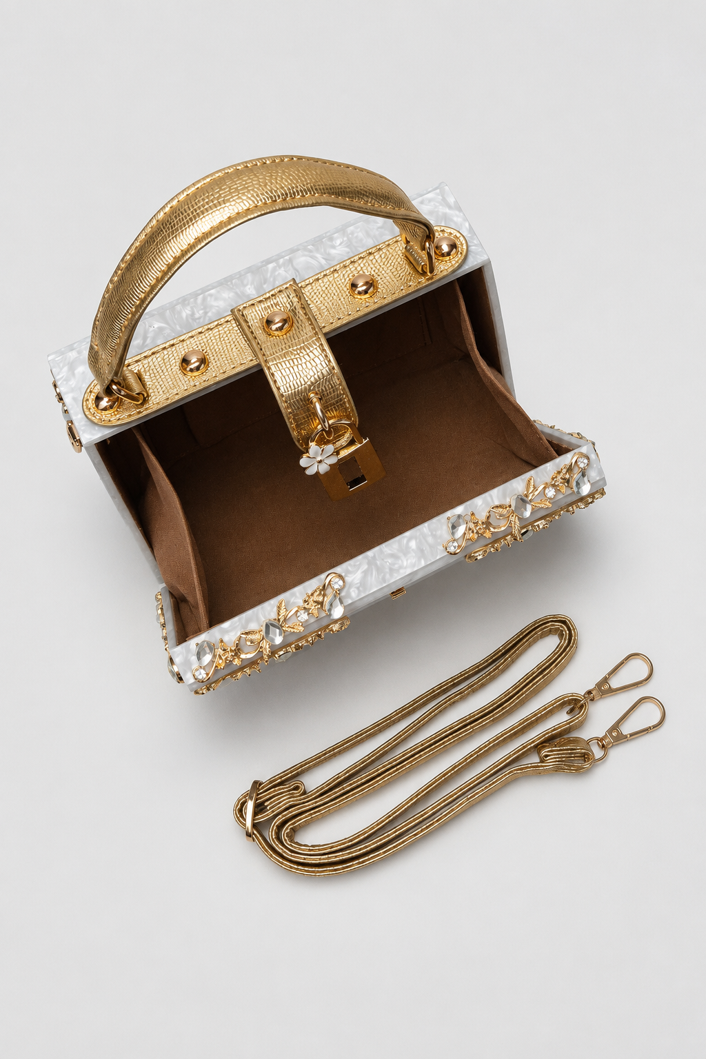 Sculptural Box Handbag – Intricate Filigree Overlay with Padlock Accent