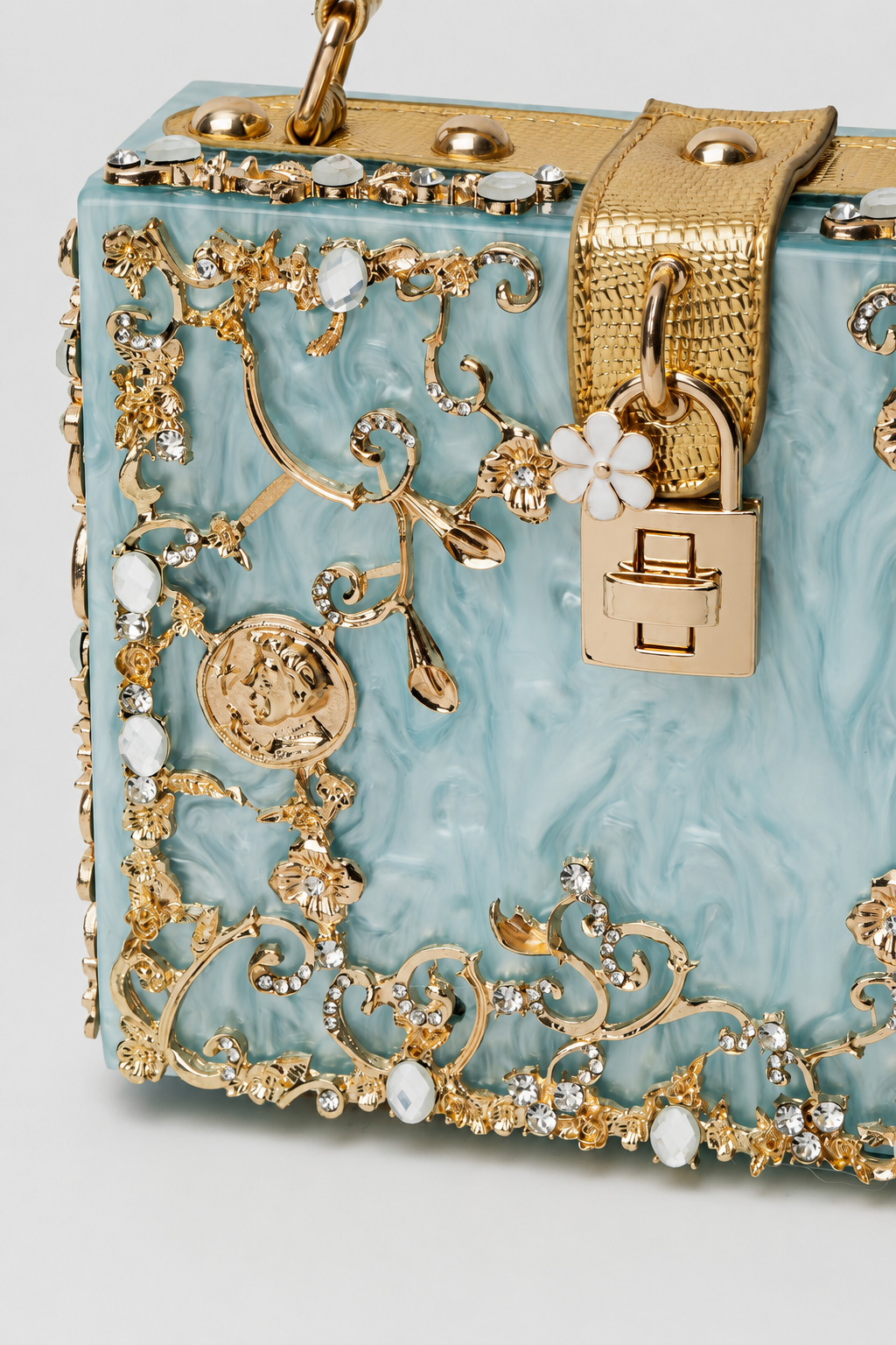 Sculptural Box Handbag – Intricate Filigree Overlay with Padlock Accent