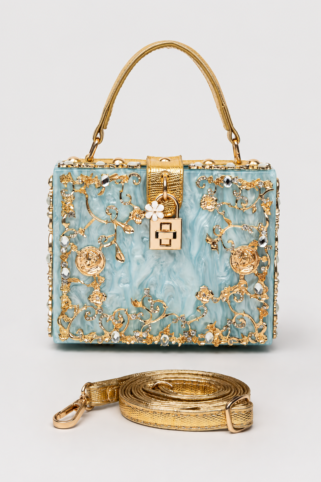 Sculptural Box Handbag – Intricate Filigree Overlay with Padlock Accent