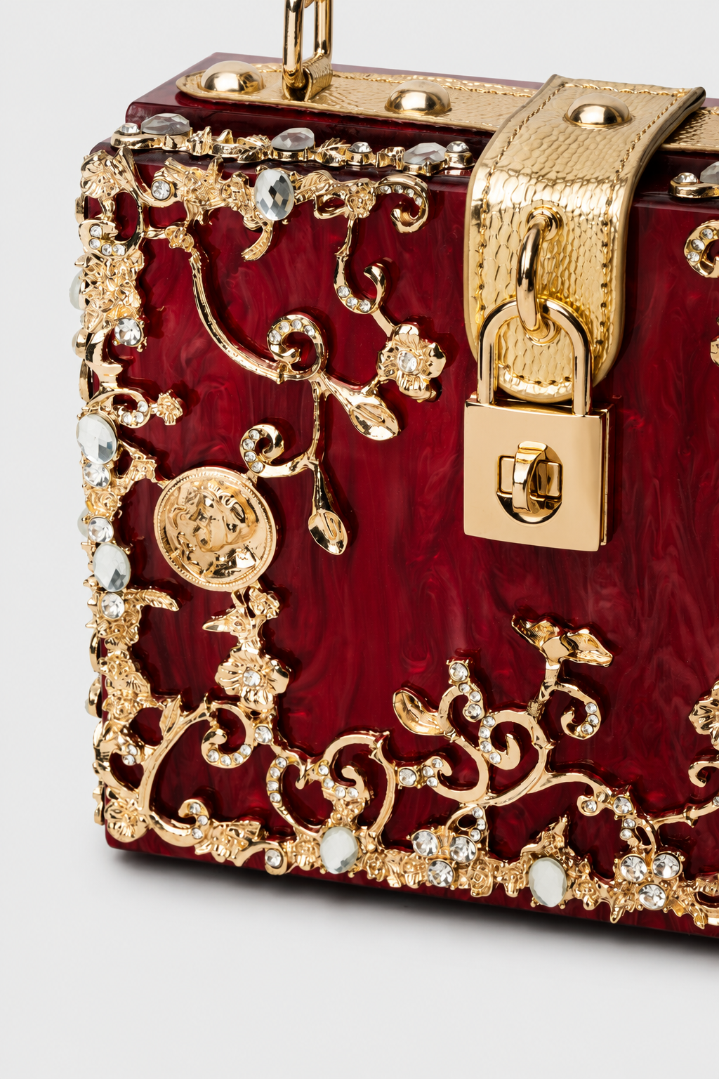 Sculptural Box Handbag – Intricate Filigree Overlay with Padlock Accent