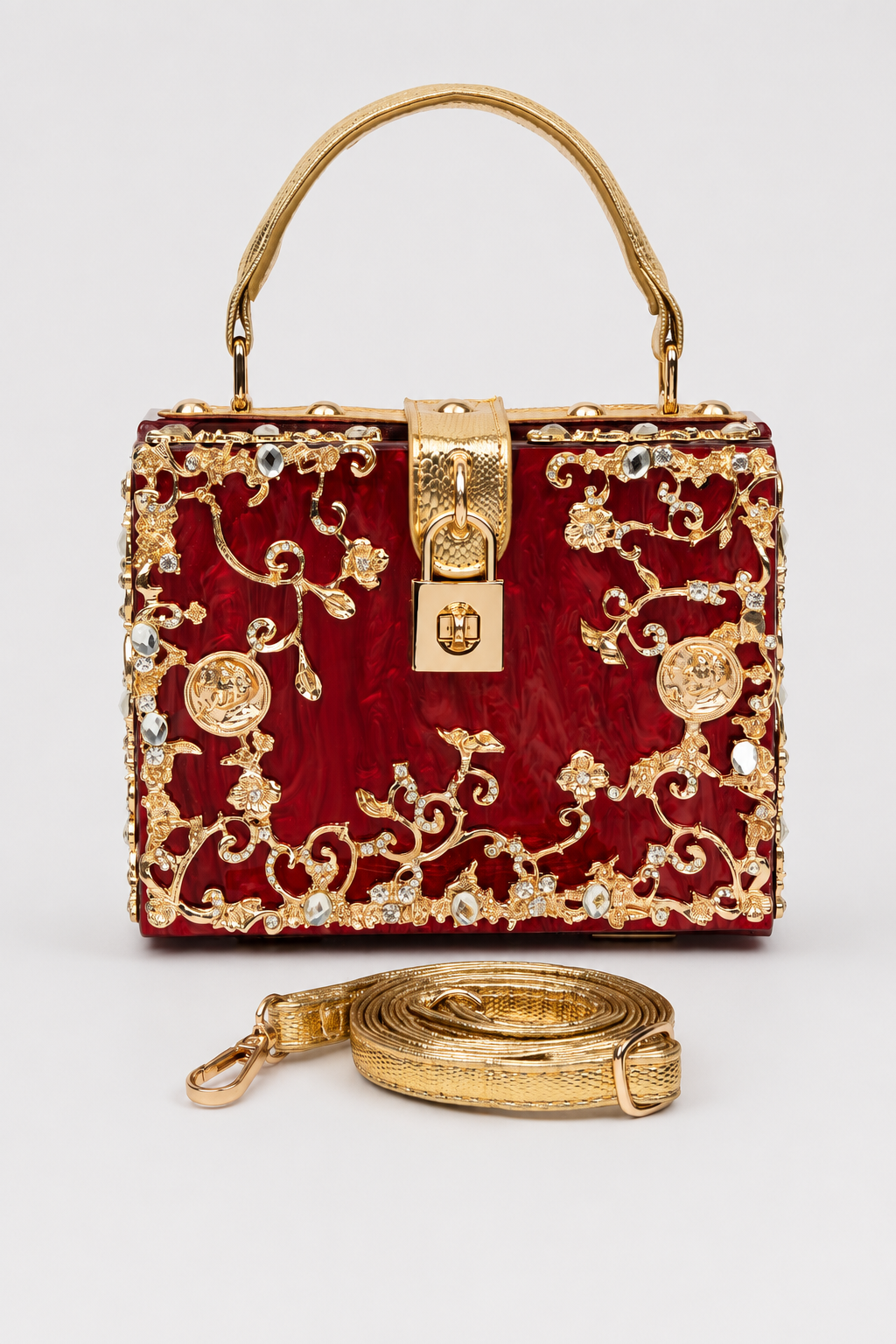 Sculptural Box Handbag – Intricate Filigree Overlay with Padlock Accent