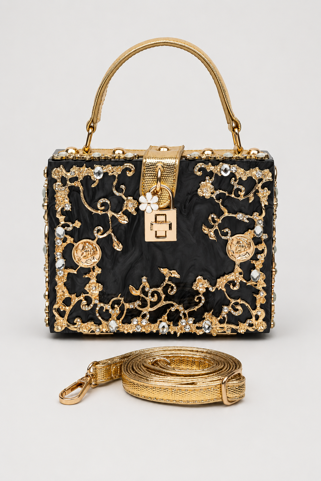 Sculptural Box Handbag – Intricate Filigree Overlay with Padlock Accent