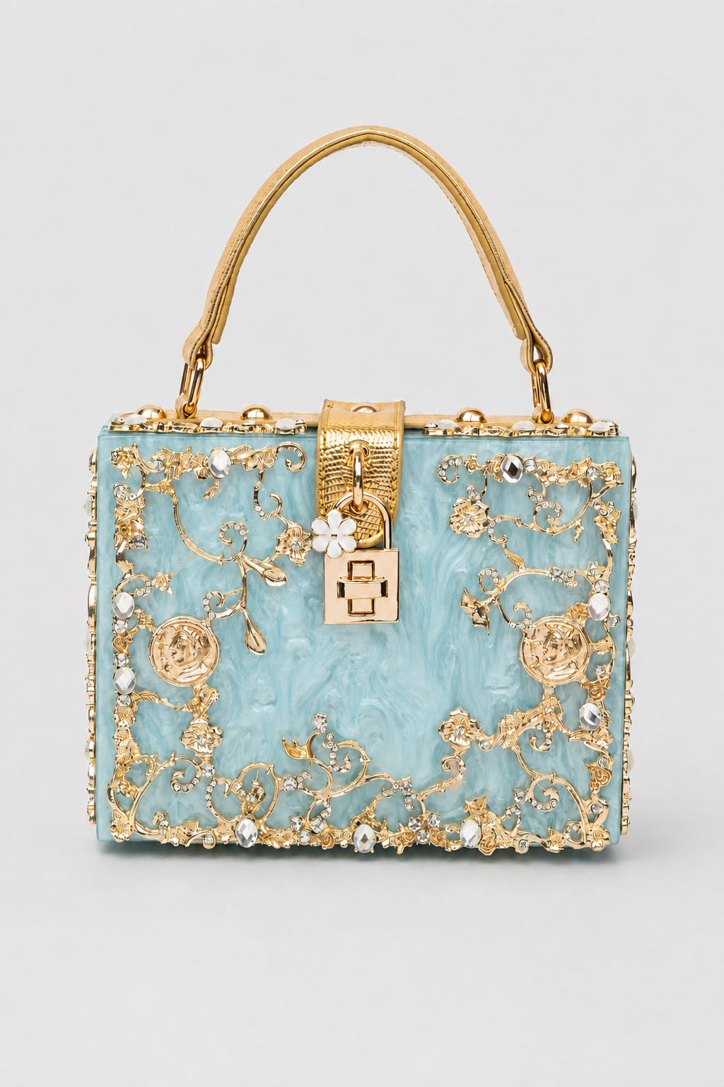 Sculptural Box Handbag – Intricate Filigree Overlay with Padlock Accent