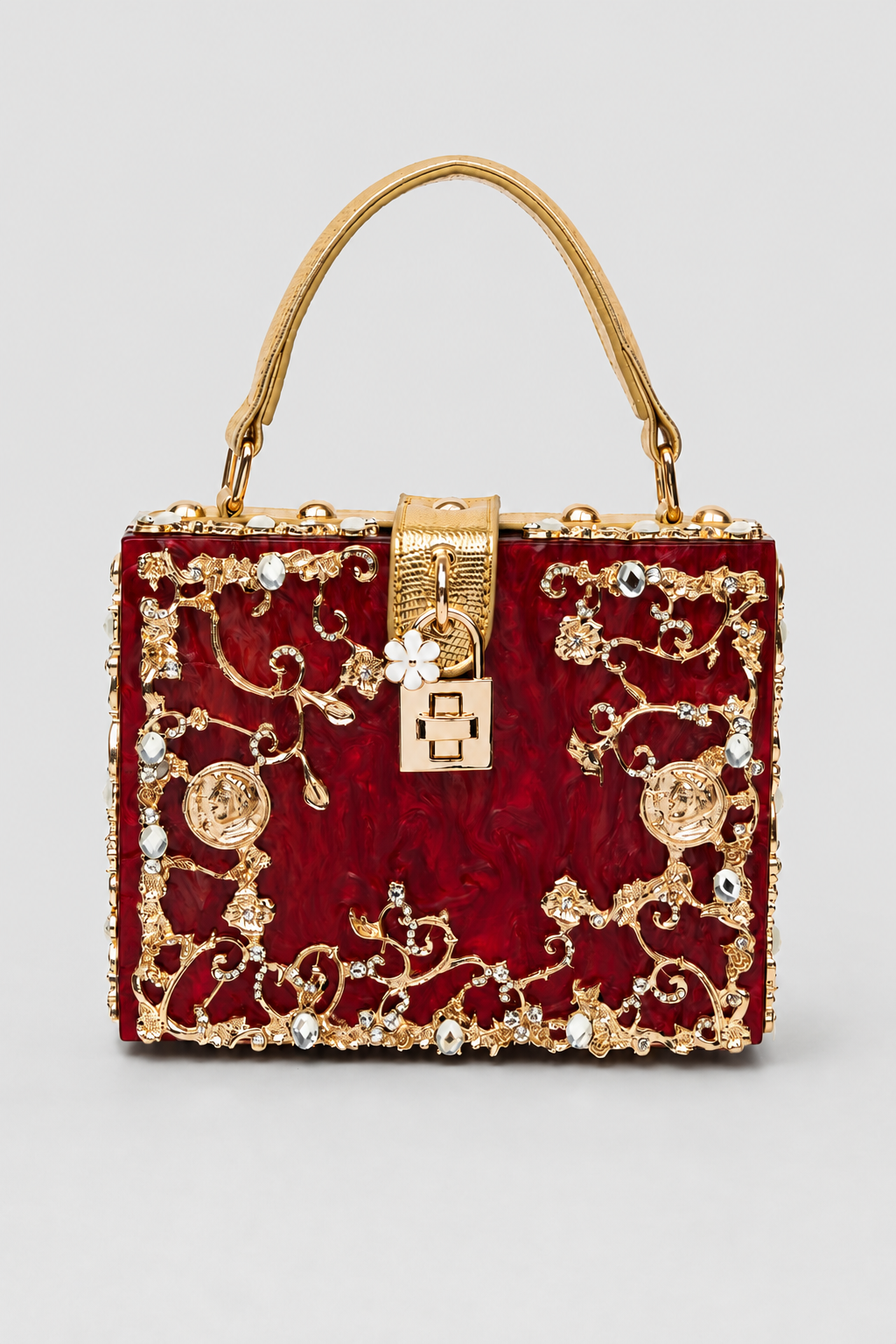 Sculptural Box Handbag – Intricate Filigree Overlay with Padlock Accent