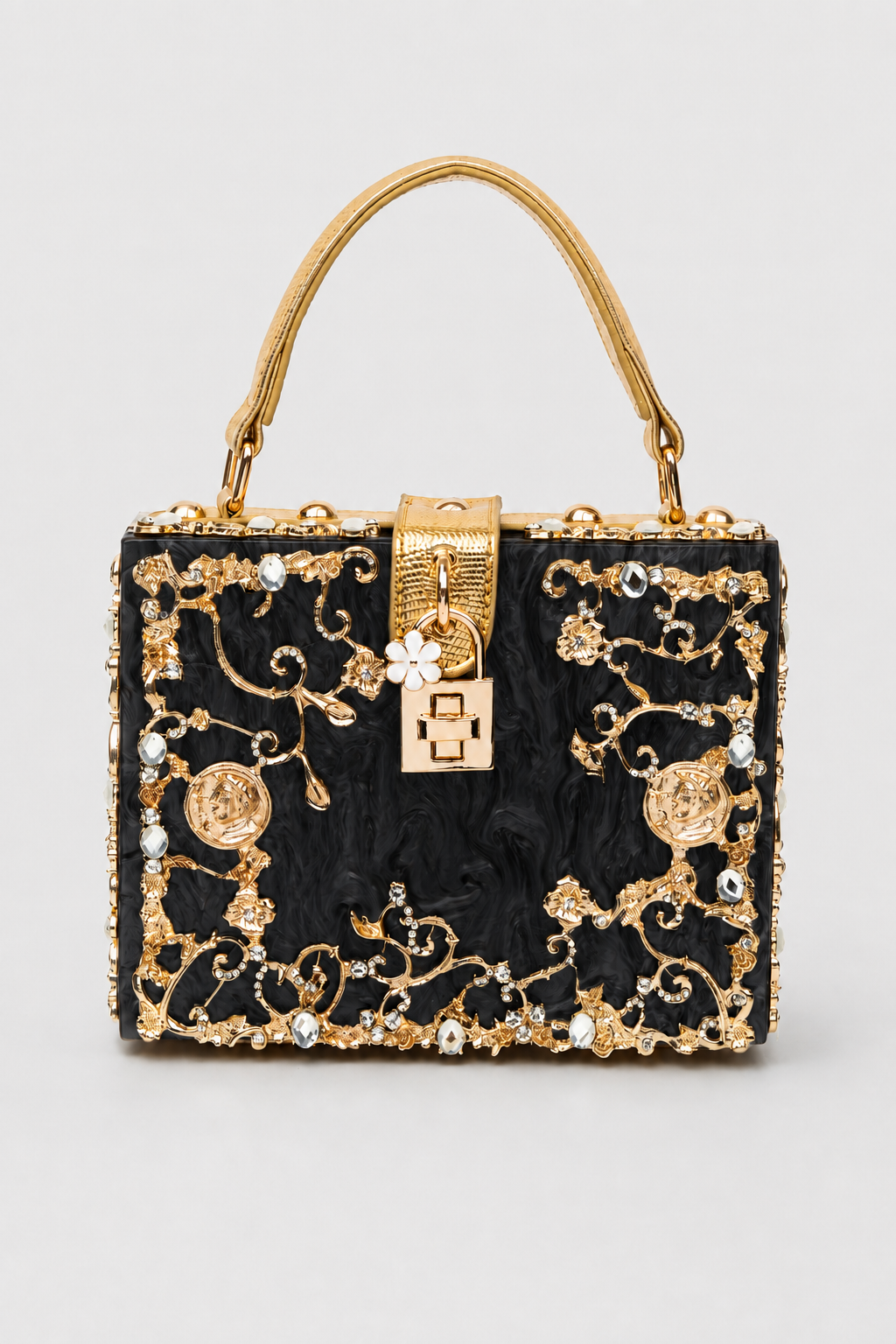 Sculptural Box Handbag – Intricate Filigree Overlay with Padlock Accent