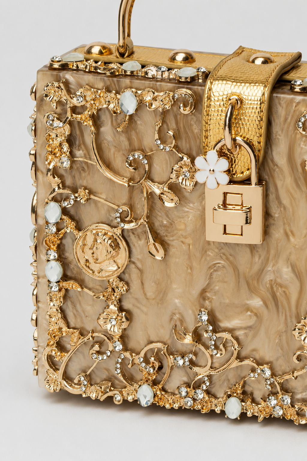 Sculptural Box Handbag – Intricate Filigree Overlay with Padlock Accent