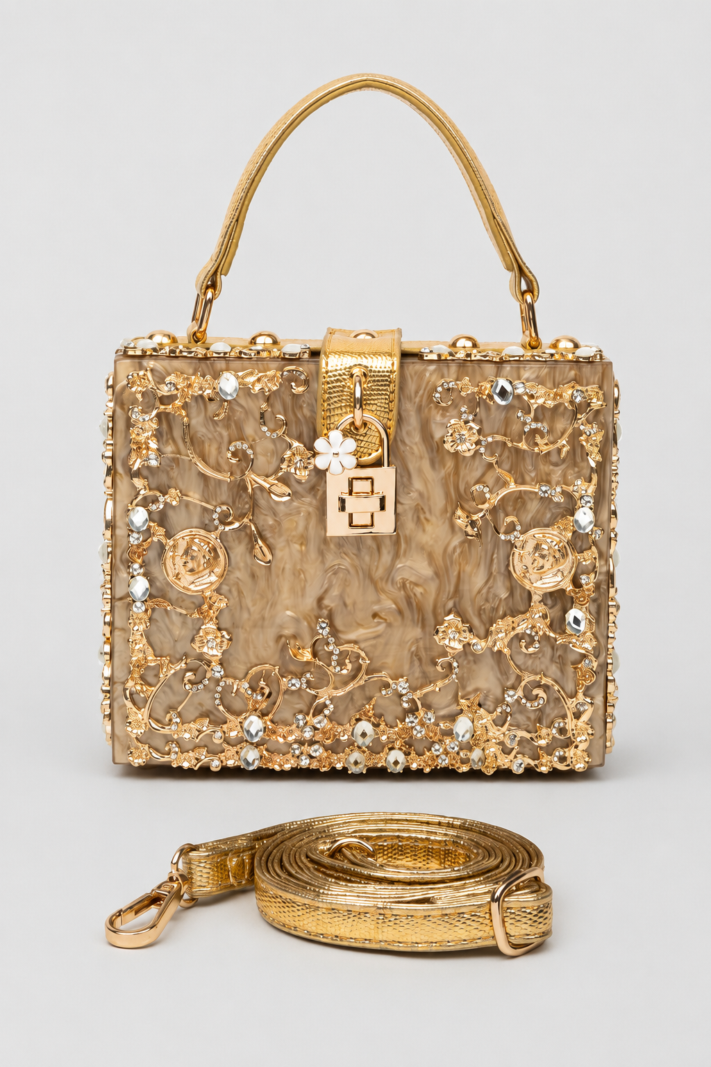 Sculptural Box Handbag – Intricate Filigree Overlay with Padlock Accent