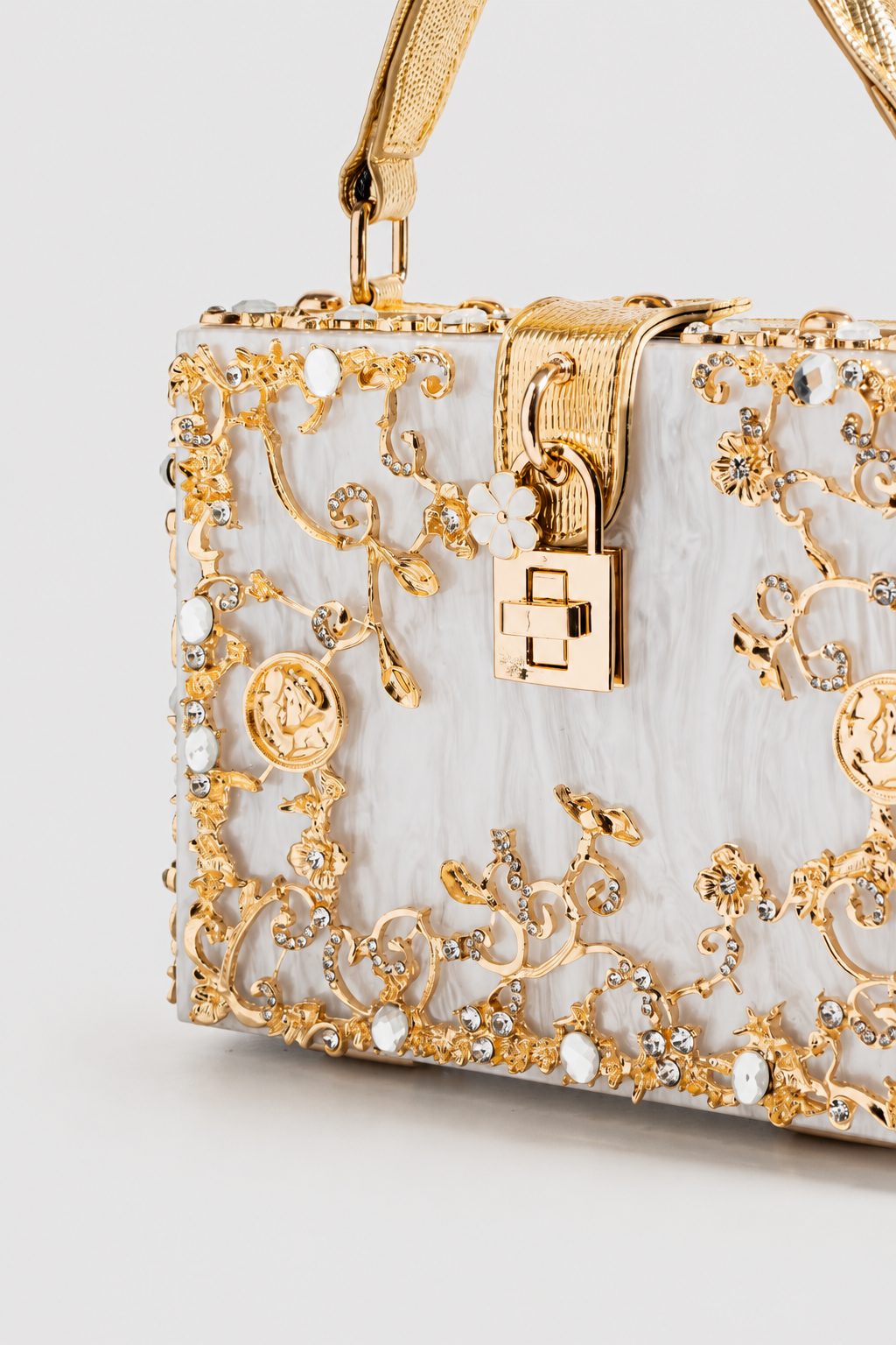 Sculptural Box Handbag – Intricate Filigree Overlay with Padlock Accent