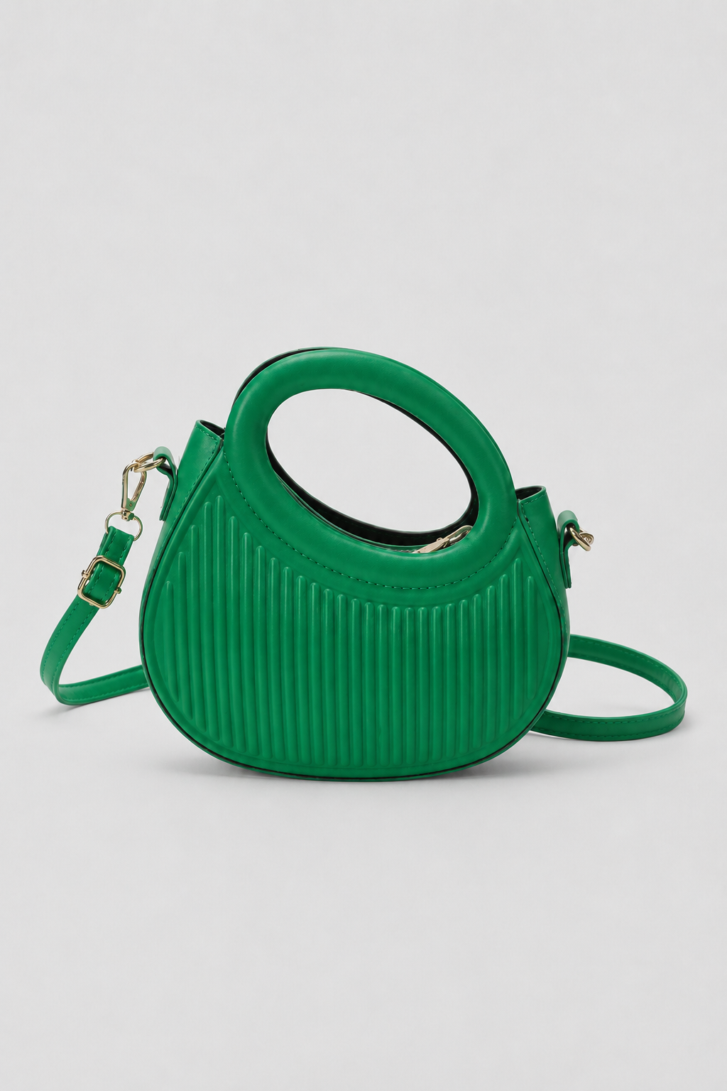 Sculptural Crescent Handbag – Pleated Textured Body with Integrated Circular Handle