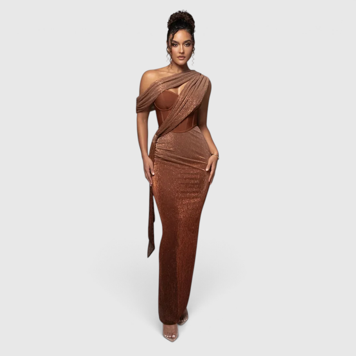 Fashion : Women's One-Shoulder Evening Dress with Metallic Finish in Brown van Vanda Liamo