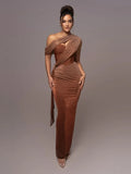 Women's One-Shoulder Evening Dress with Metallic Finish