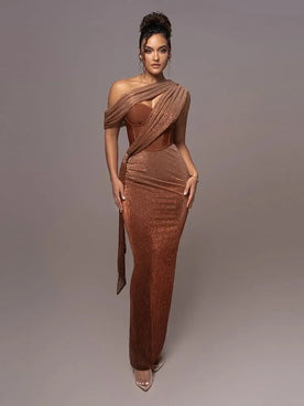 Fashion : Women's One-Shoulder Evening Dress with Metallic Finish in Brown van Vanda Liamo