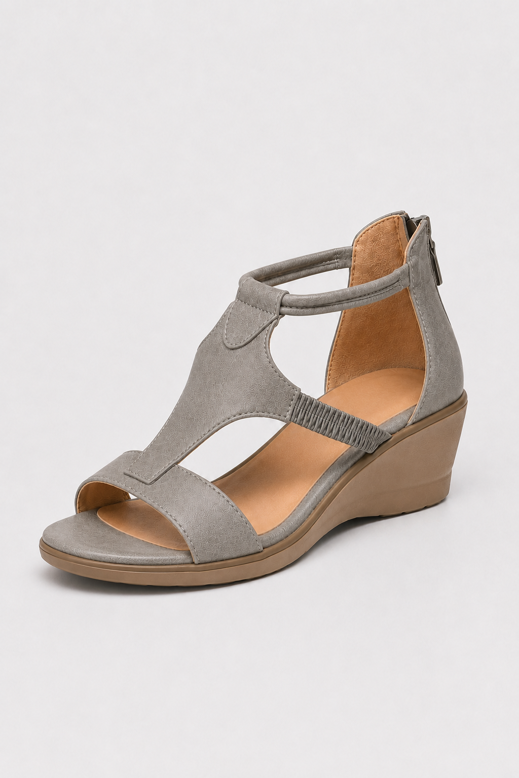 Shoes : Slate Gray Low Wedge Sandal – Neutral Taupe T-Strap Summer Comfort Shoes in Gray van Vandaliamo