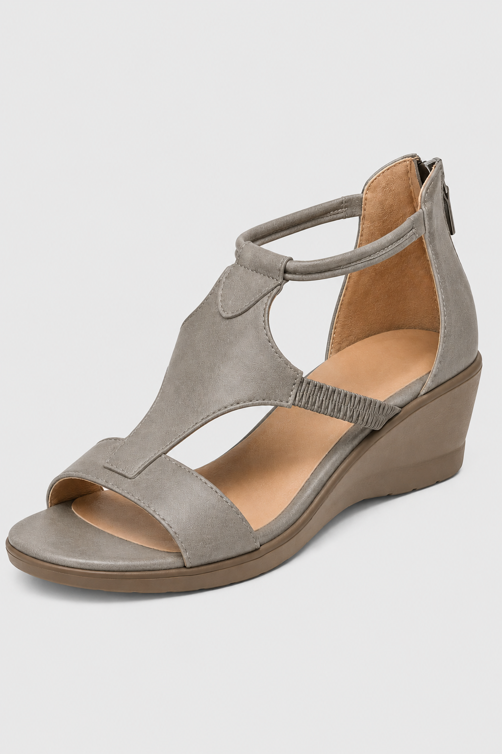 Slate Gray Low Wedge Sandal – Neutral Taupe T-Strap Summer Comfort Shoes