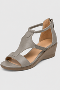 Slate Gray Low Wedge Sandal – Neutral Taupe T-Strap Summer Comfort Shoes