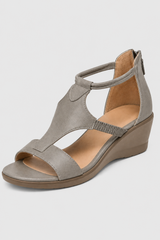 Slate Gray Low Wedge Sandal – Neutral Taupe T-Strap Summer Comfort Shoes