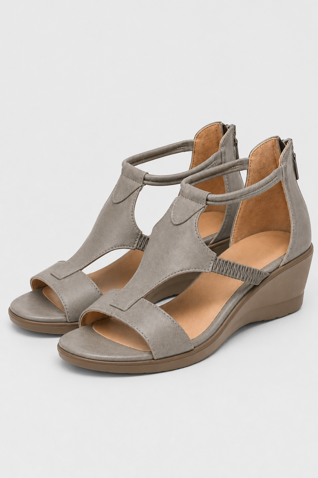 Slate Gray Low Wedge Sandal – Neutral Taupe T-Strap Summer Comfort Shoes