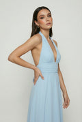 Women's Blue Backless Maxi Dress - Elegant & Flowy Summer Gown