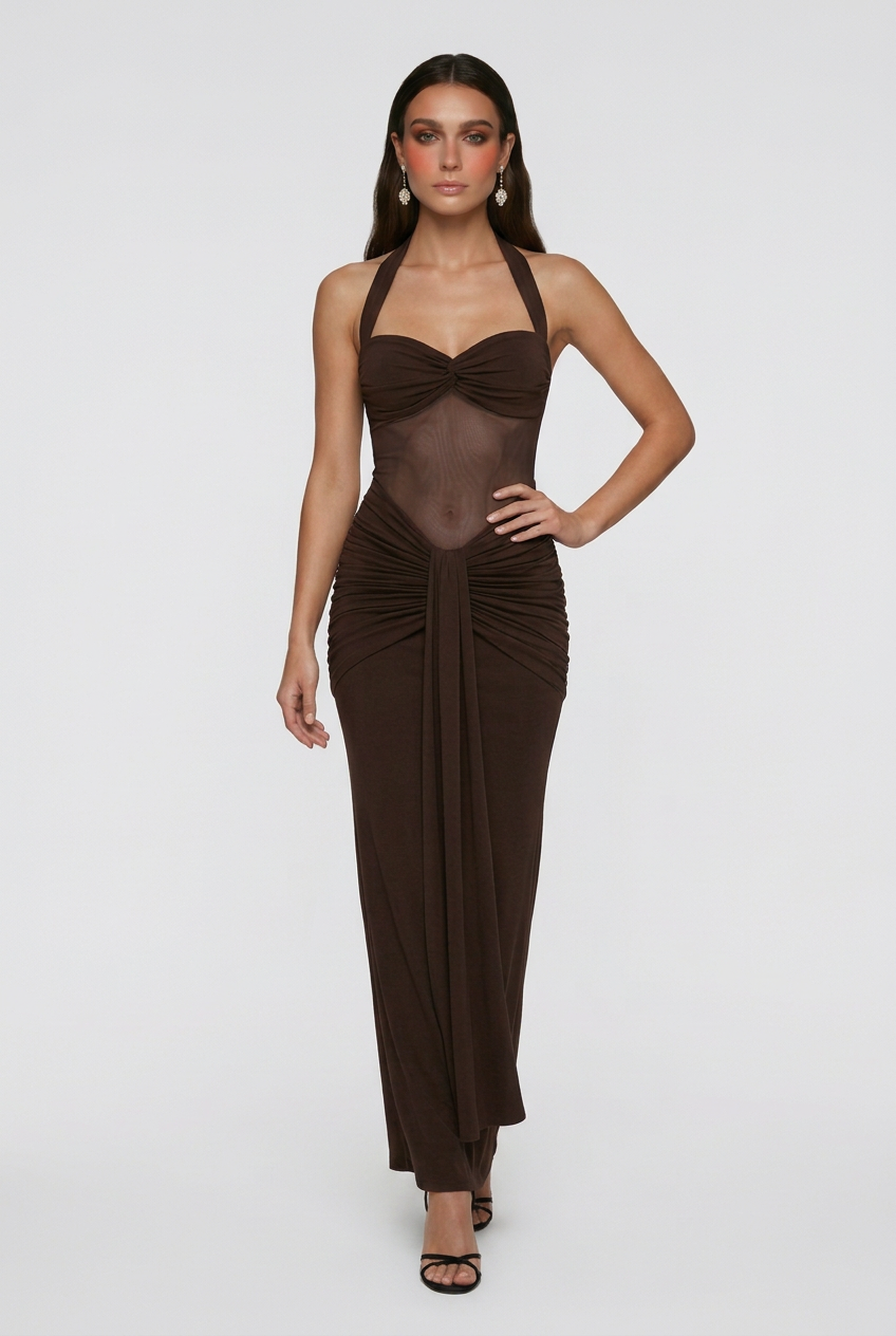 Maxi Dresses : Women's Dark Brown Halter Maxi Dress - Elegant Premium Quality for Special Occasions in van Vanda Liamo