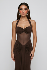 Women's Dark Brown Halter Maxi Dress - Elegant Premium Quality for Special Occasions