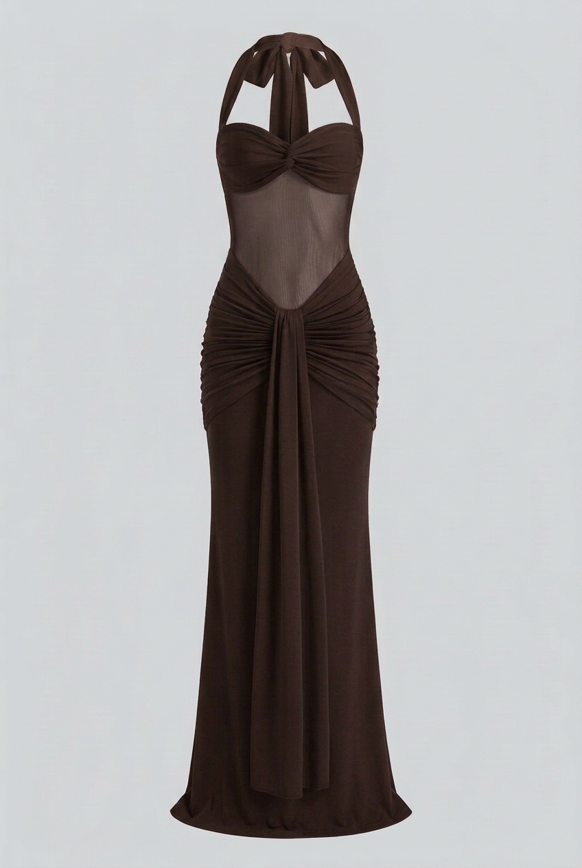 Maxi Dresses : Women's Dark Brown Halter Maxi Dress - Elegant Premium Quality for Special Occasions in Dark Brown van Vanda Liamo