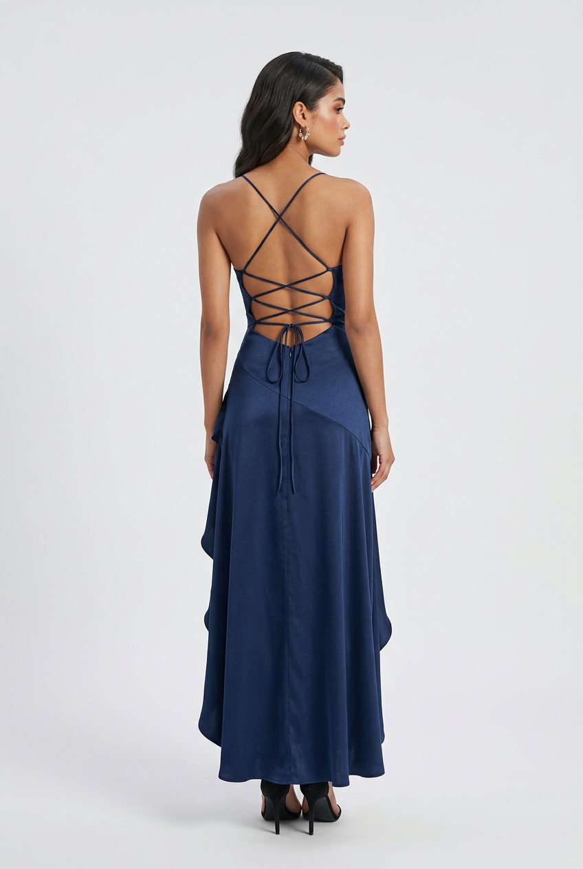 Maxi Dresses : Women's Navy Blue Lace-Up Open Back Floral Lace Maxi Dress in van Vanda Liamo
