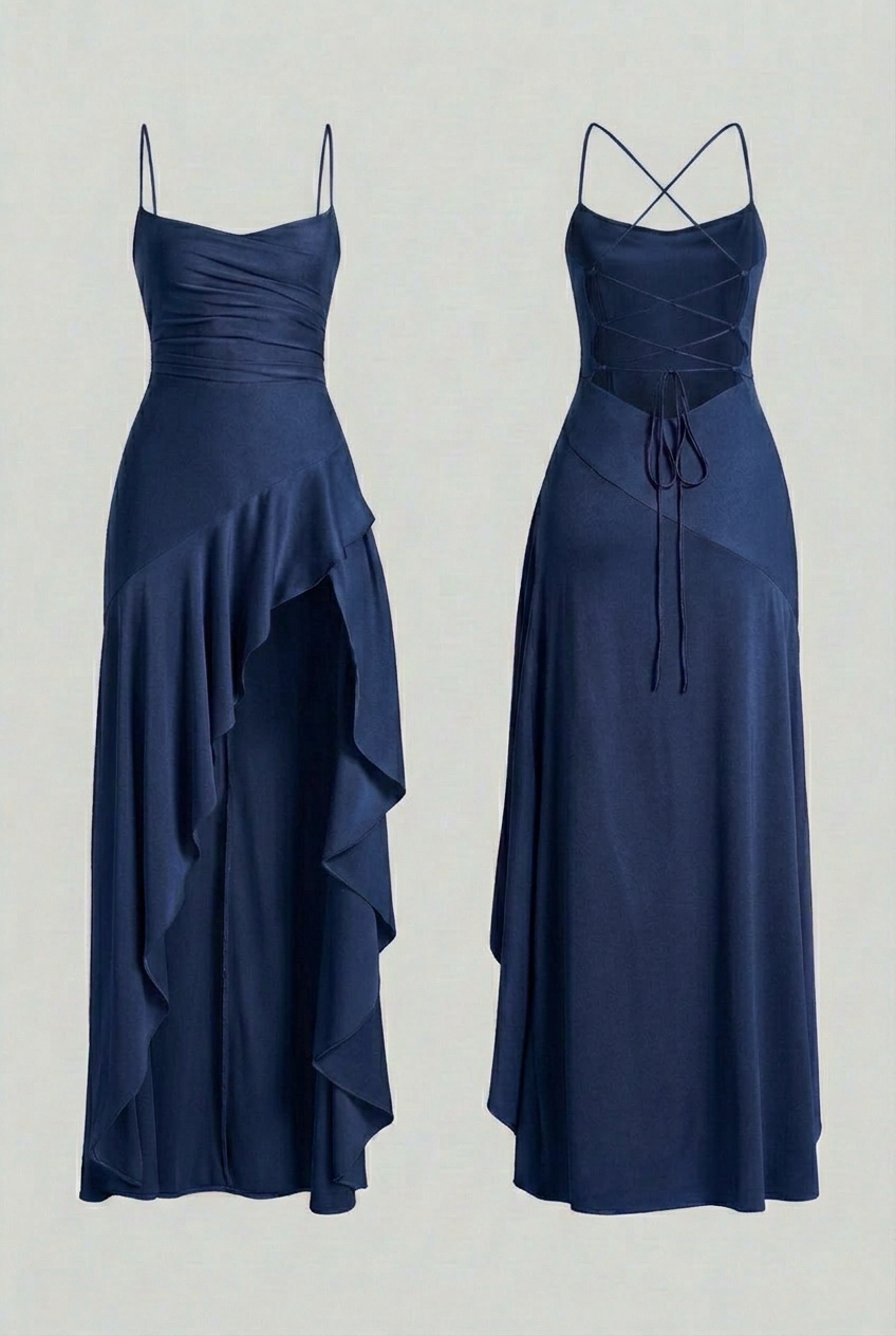 Maxi Dresses : Women's Navy Blue Lace-Up Open Back Floral Lace Maxi Dress in Navy van Vanda Liamo