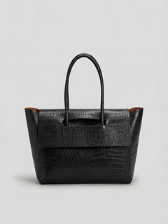 Women's Black Crocodile Embossed Faux Leather Shoulder Handbag - Large & Roomy Tote