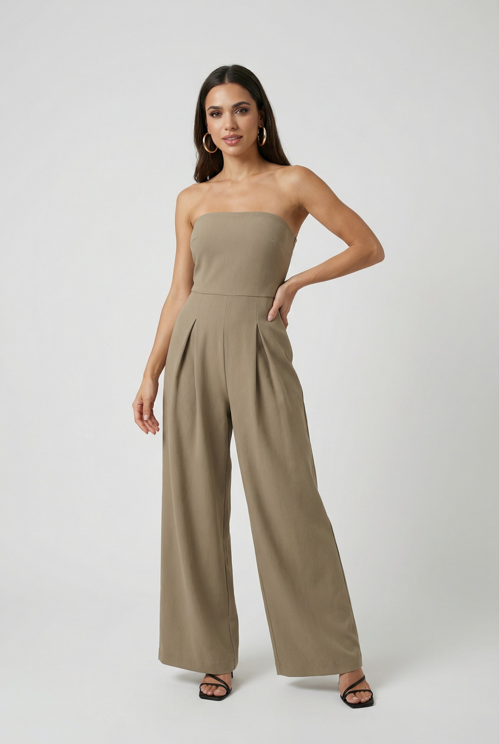 Women's Jumpsuits & Rompers : Strapless Jumpsuit with Wide-Leg - Refined Simplicity in Khaki in van Vanda Liamo
