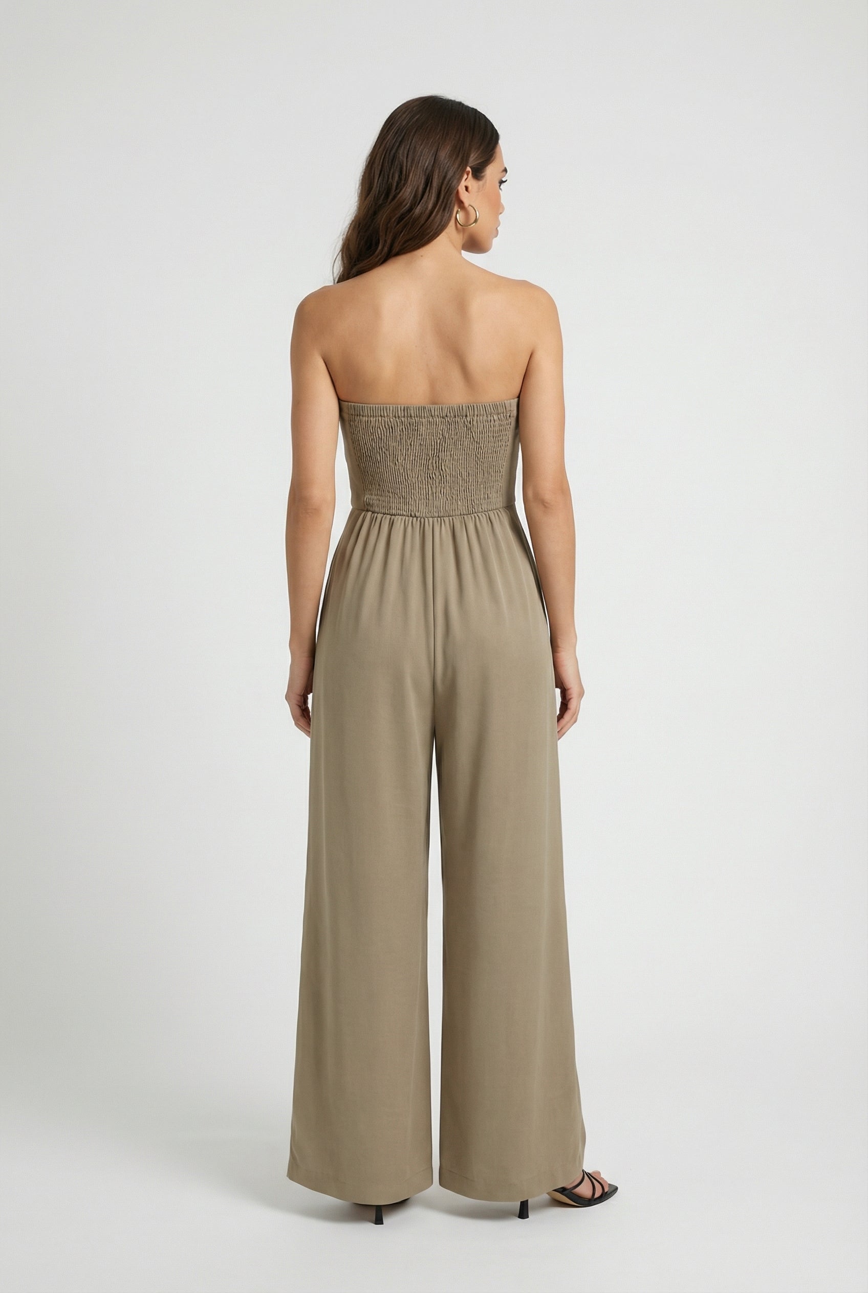 Women's Jumpsuits & Rompers : Strapless Jumpsuit with Wide-Leg - Refined Simplicity in Khaki in van Vanda Liamo