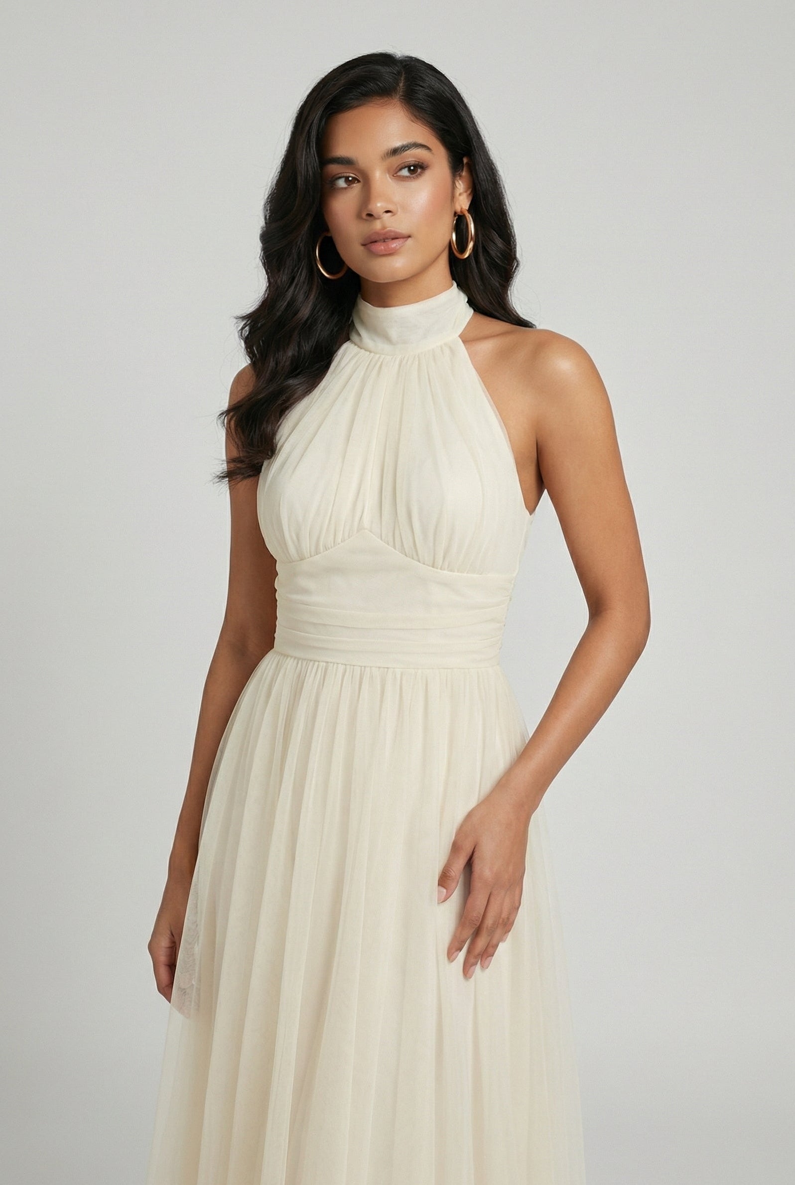Dresses : Women's Cream Ribbed Knit High Neck Midi Dress - Soft & Stylish in van Vanda Liamo
