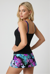 Tropical Starfish Ribbed Tankini Set – Black & Neon Purple Swimsuit with Skirt