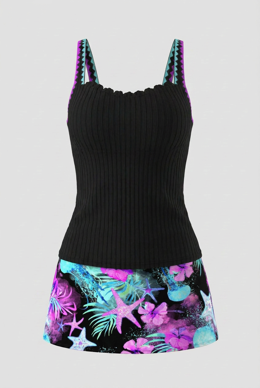 Swimwear : Tropical Starfish Ribbed Tankini Set – Black & Neon Purple Swimsuit with Skirt in Black van Vandaliamo