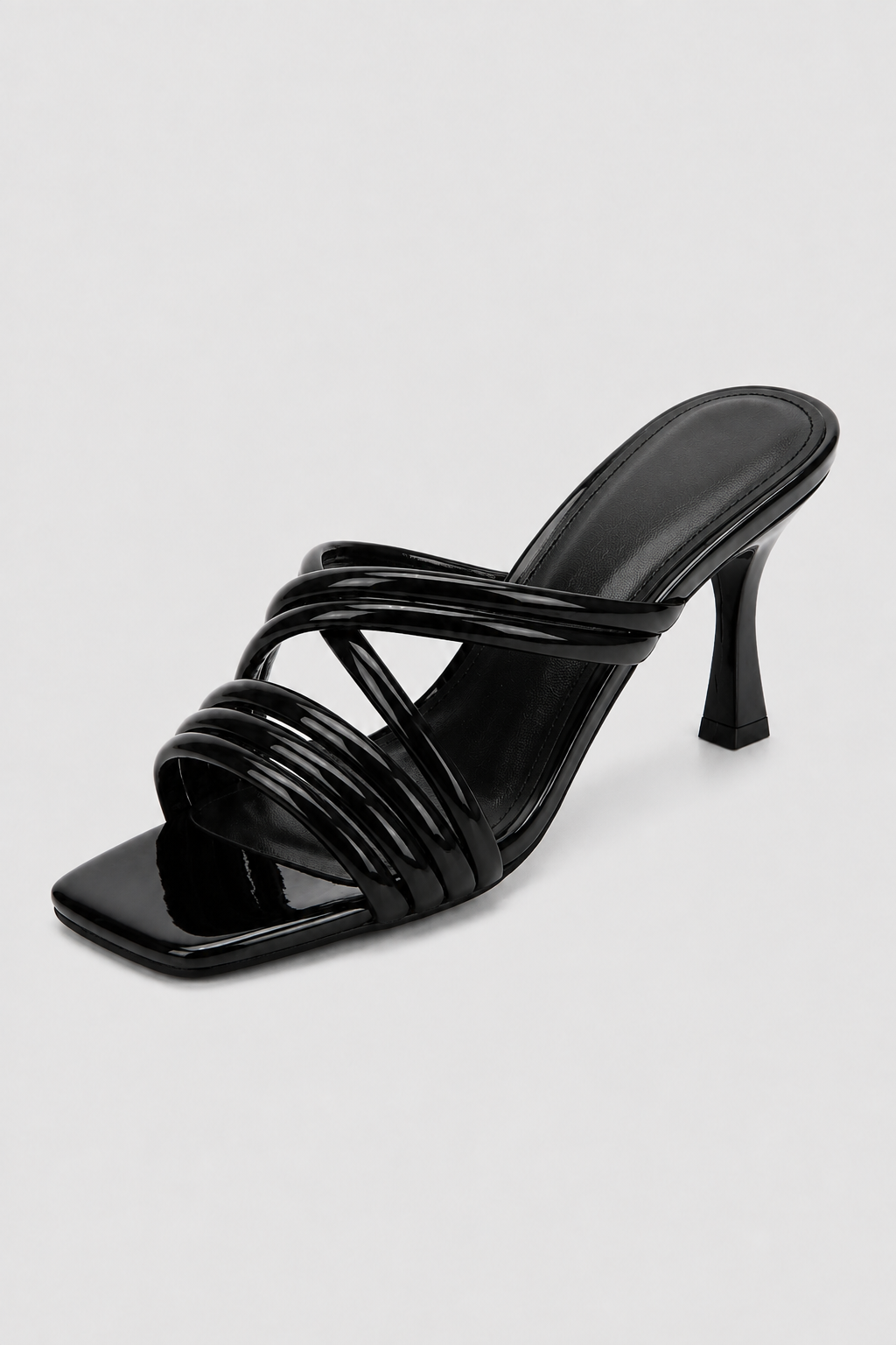 heels : Twisted Tubular Patent Stiletto Mules – Sculptural Straps & High-Gloss Allure in Black van Vandaliamo