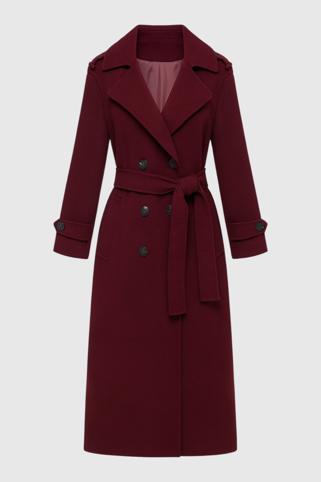 Coat : Women's Burgundy Wool Blend Long Trench Coat with Belt & Pockets in Burgundy van Vanda Liamo