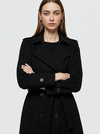 Women's Black Long Belted Trench Coat - Classic Fit, Warm Wool Blend