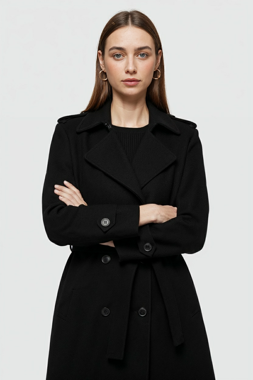 Coat : Women's Black Long Belted Trench Coat - Classic Fit, Warm Wool Blend in van Vanda Liamo