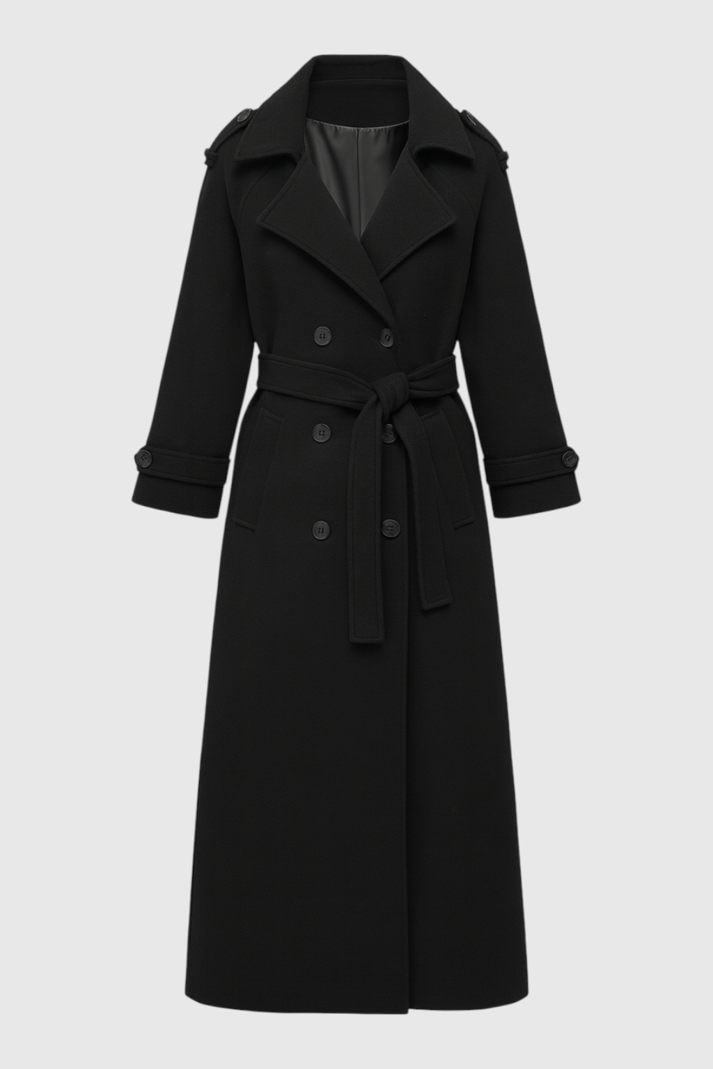Coat : Women's Black Long Belted Trench Coat - Classic Fit, Warm Wool Blend in Black van Vanda Liamo
