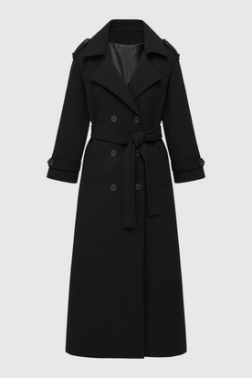 Coat : Women's Black Wool Blend Long Trench Coat - Classic Fit, Belted & Warm in Black van Vanda Liamo