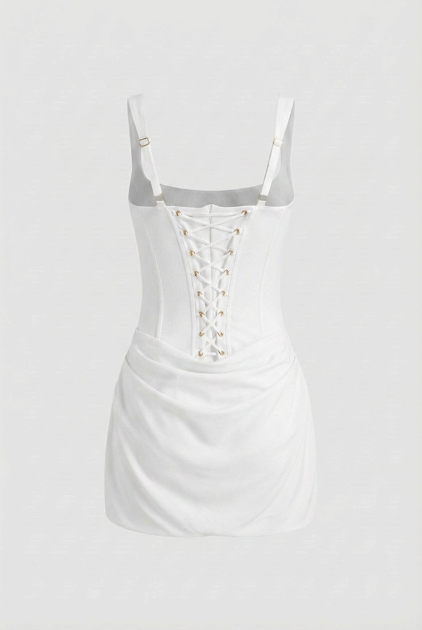 Dress : White Draped Mini Dress - Bright Ivory Look for Summer Soirees in van Vanda Liamo
