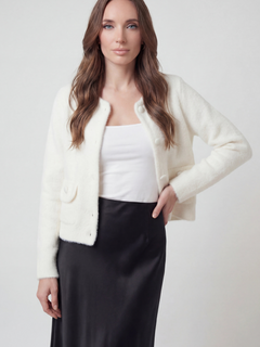 Women's White Knitted Round Neck Cardigan, Long Sleeves